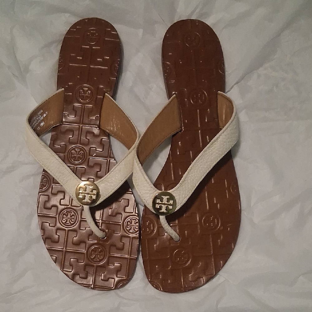 Tory Burch White Leather Logo Thong Sandals